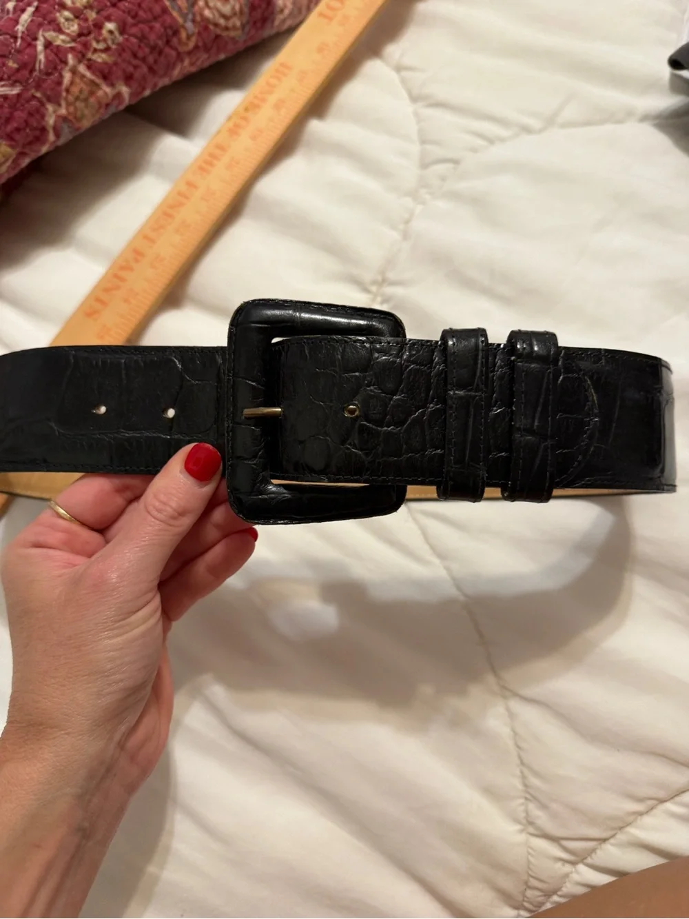 Vintage Black Croc-Embossed Wide Belt with Covered Buckle